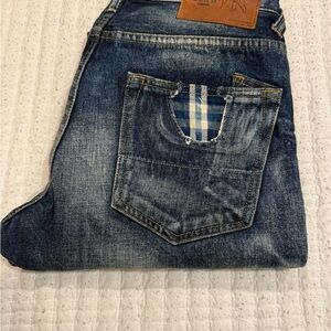 PRPS Distressed Blue Jeans with Plaid Accent